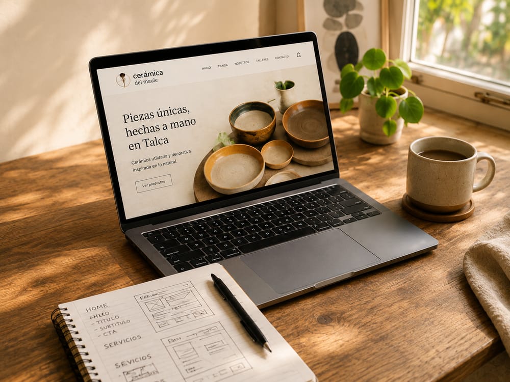 Escritorio de madera con una laptop mostrando un sitio web diseñado por Luis Reyes y un cuaderno con bocetos de wireframe — desarrollo web en Talca
